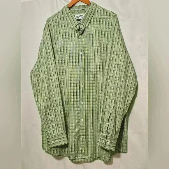 🛑 Duluth Mens Button-up 100% Cotton Light Green Collared Plaid Shirt Size 2XLT - Picture 1 of 7